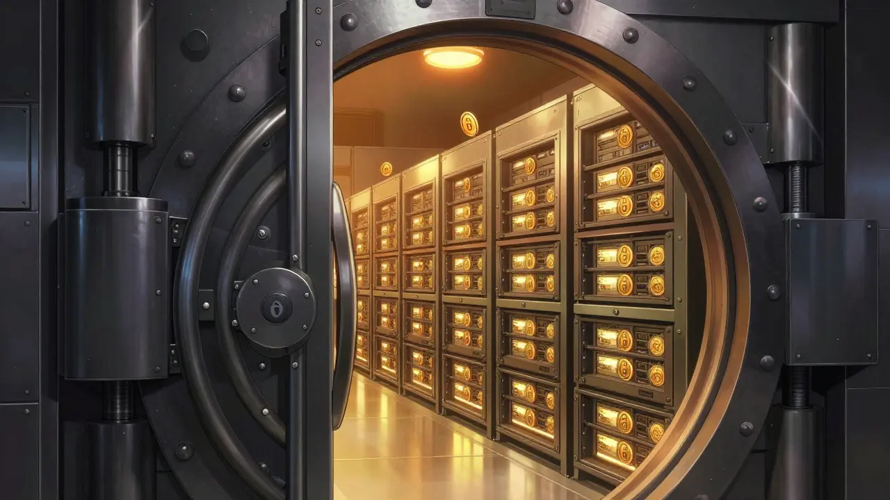 Open vault door revealing glowing cold storage servers inside.