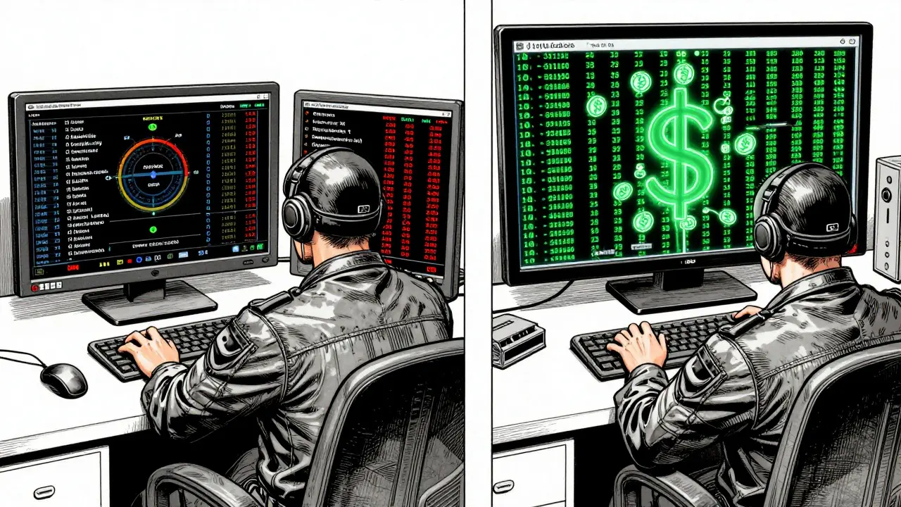 Operatives monitoring exchange dashboards and DeFi transaction trails, with glowing USDT tokens and cross-chain bridges in a manga-style scene.