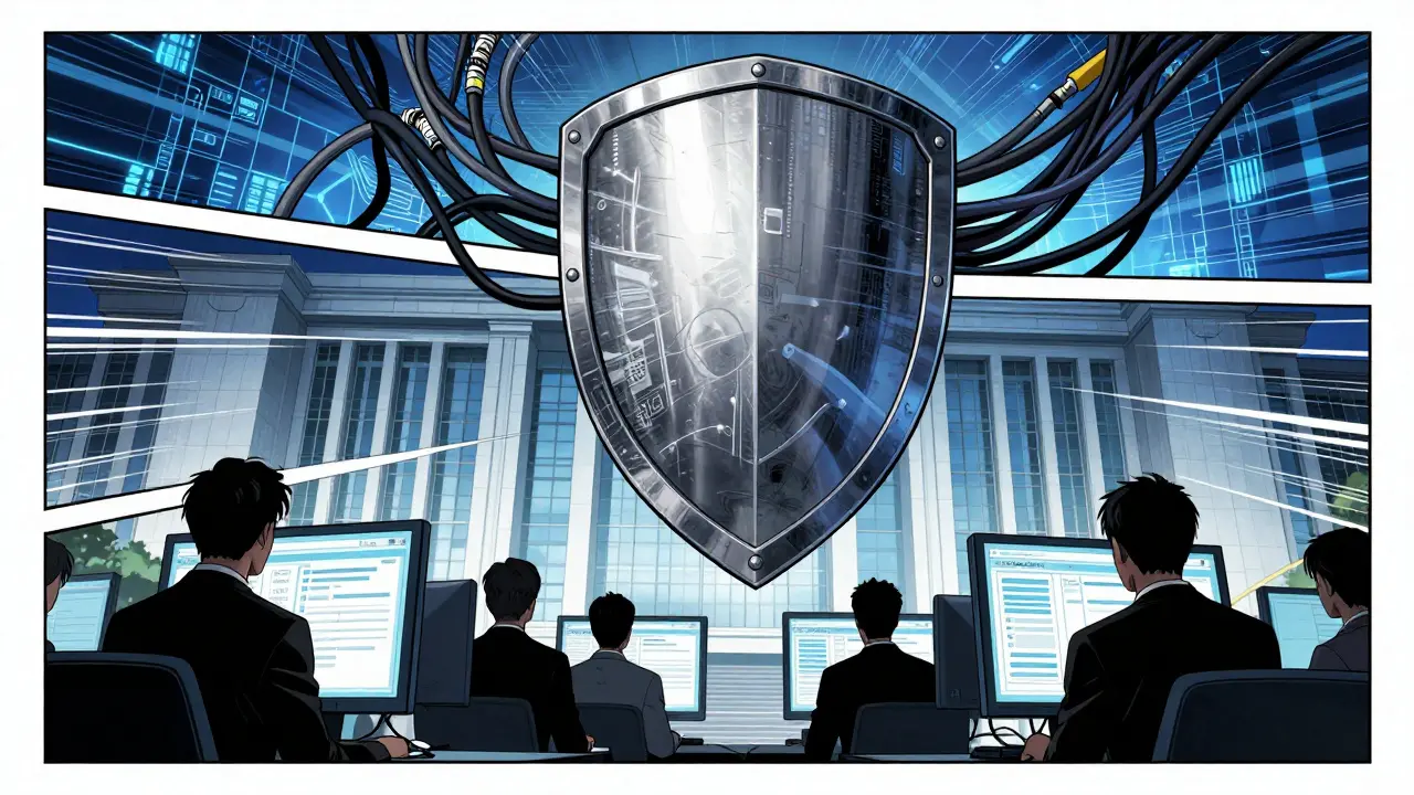 Regulatory shield monitoring data streams and officials working.