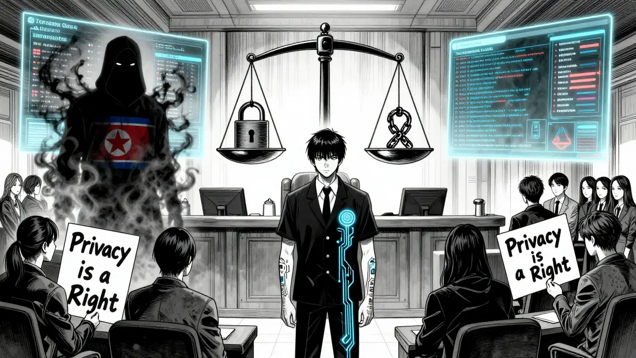 Roman Storm in a futuristic courtroom, facing holograms of crypto heists and privacy advocates.