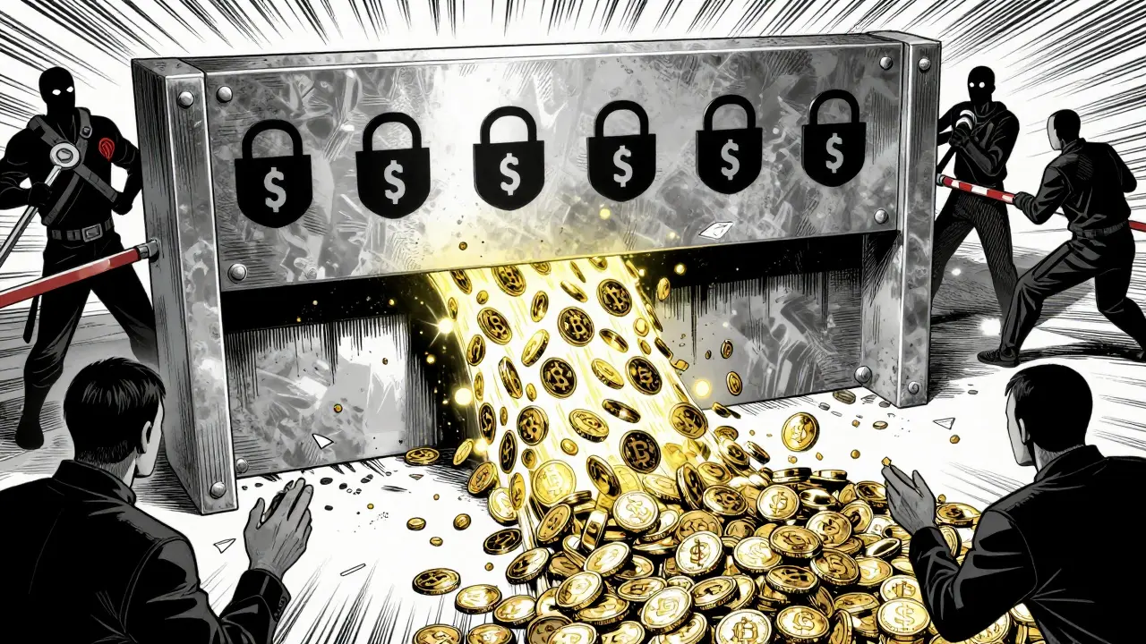 Security barrier blocking a flow of digital coins in animation style.