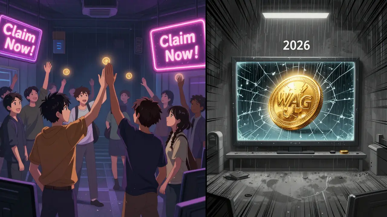 Split scene: vibrant 2021 crypto community vs. empty 2026 room with a single fading WAG token.