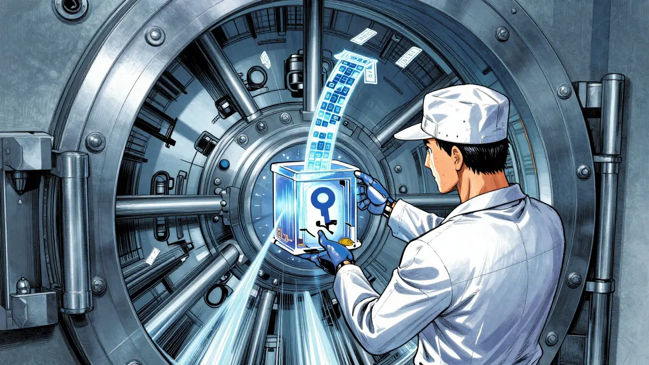 Technician sealing a vault with broken key symbol