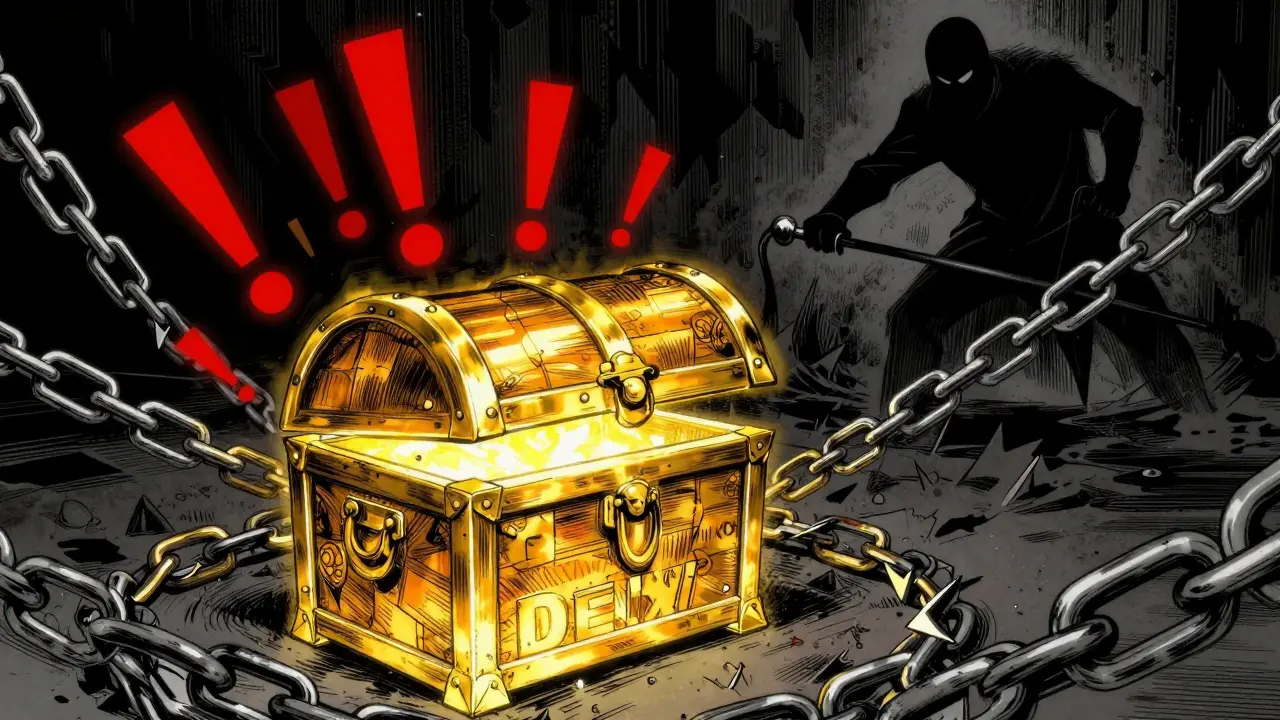 A glowing digital treasure chest surrounded by warning signs and shadowy figures.