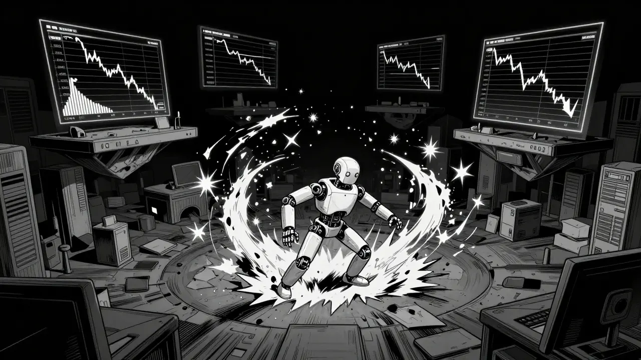 A robotic bot creating fake trading activity in an empty digital ghost town.