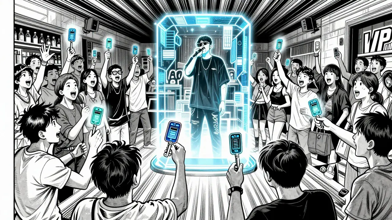 Anime fans using glowing digital tokens to unlock a private VIP community gateway.