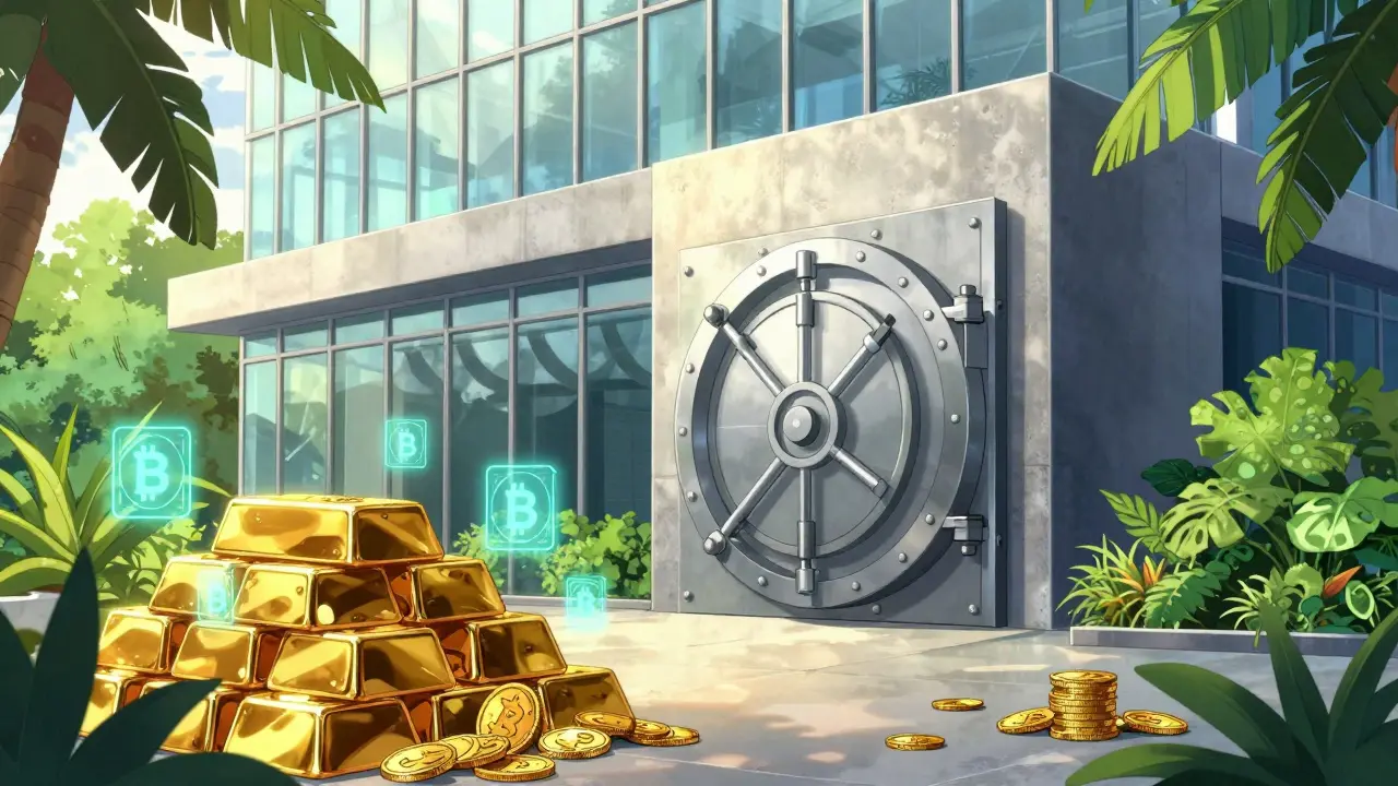 Anime style office with gold bars and floating crypto symbols