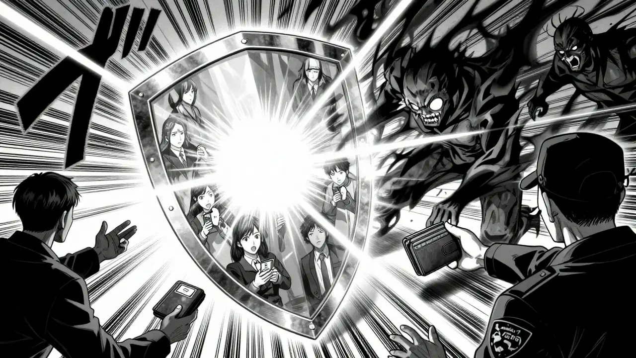 Dynamic manga panel of a shield blocking shadowy threat entities