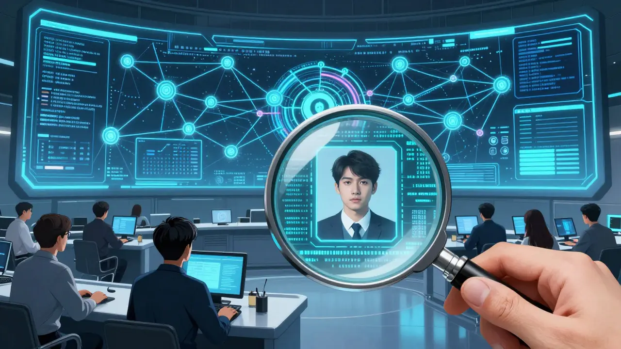 Government analysts tracking blockchain transactions on large screens in manga style.
