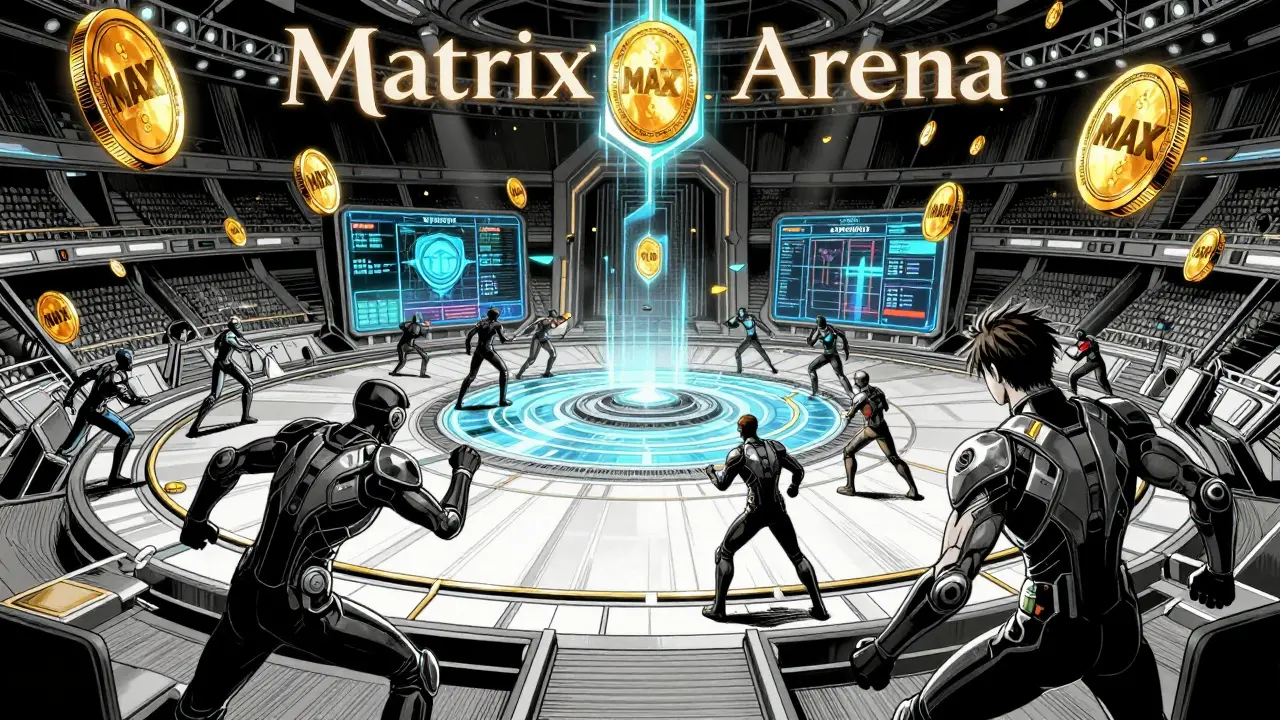 Manga action scene in a futuristic esports arena with falling digital tokens