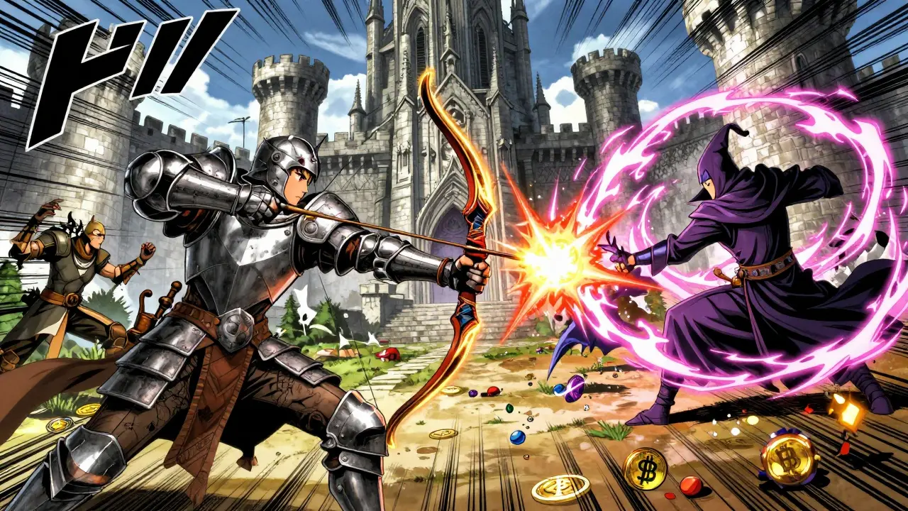 Manga action scene of a Warrior, Archer, and Wizard fighting for a gothic castle.
