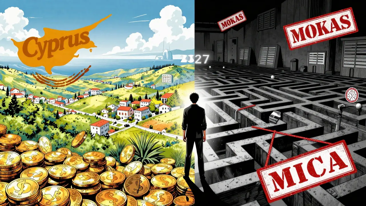 Manga art showing the contrast between tax-free wealth and strict banking regulations in Cyprus.