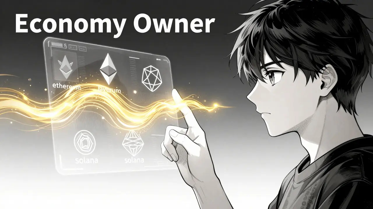 Manga character interacting with a holographic interface merging different blockchain networks.