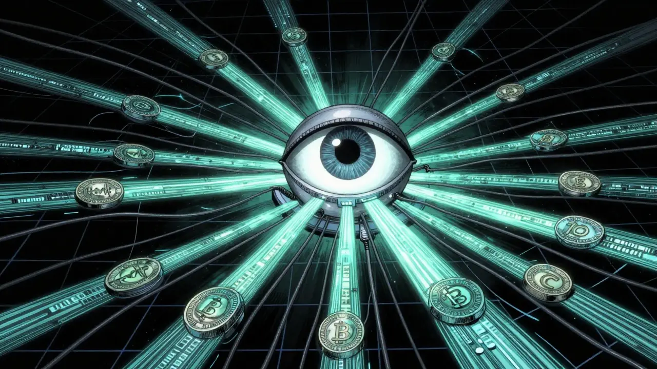 Manga conceptual art of digital currency streams being controlled by a central government eye.