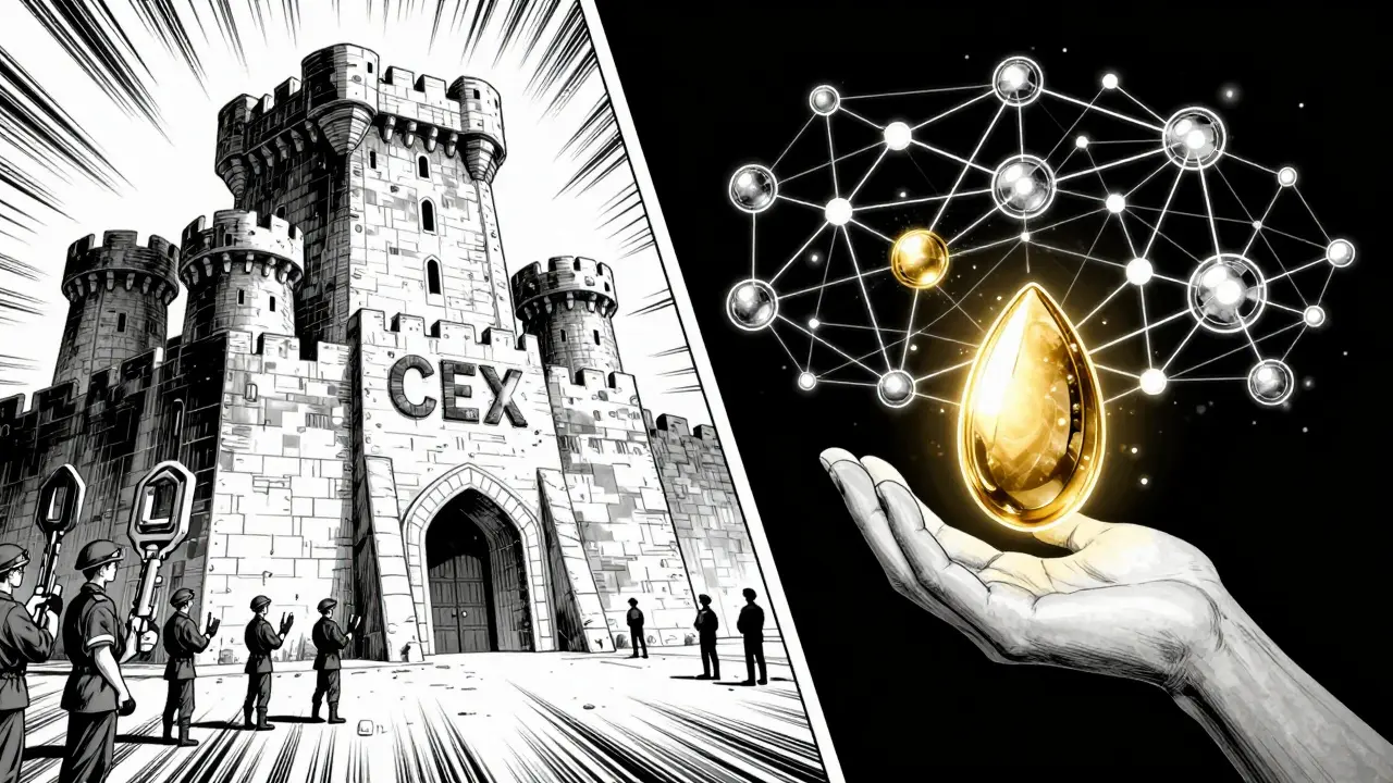 Manga illustration comparing a centralized exchange fortress to a decentralized digital network