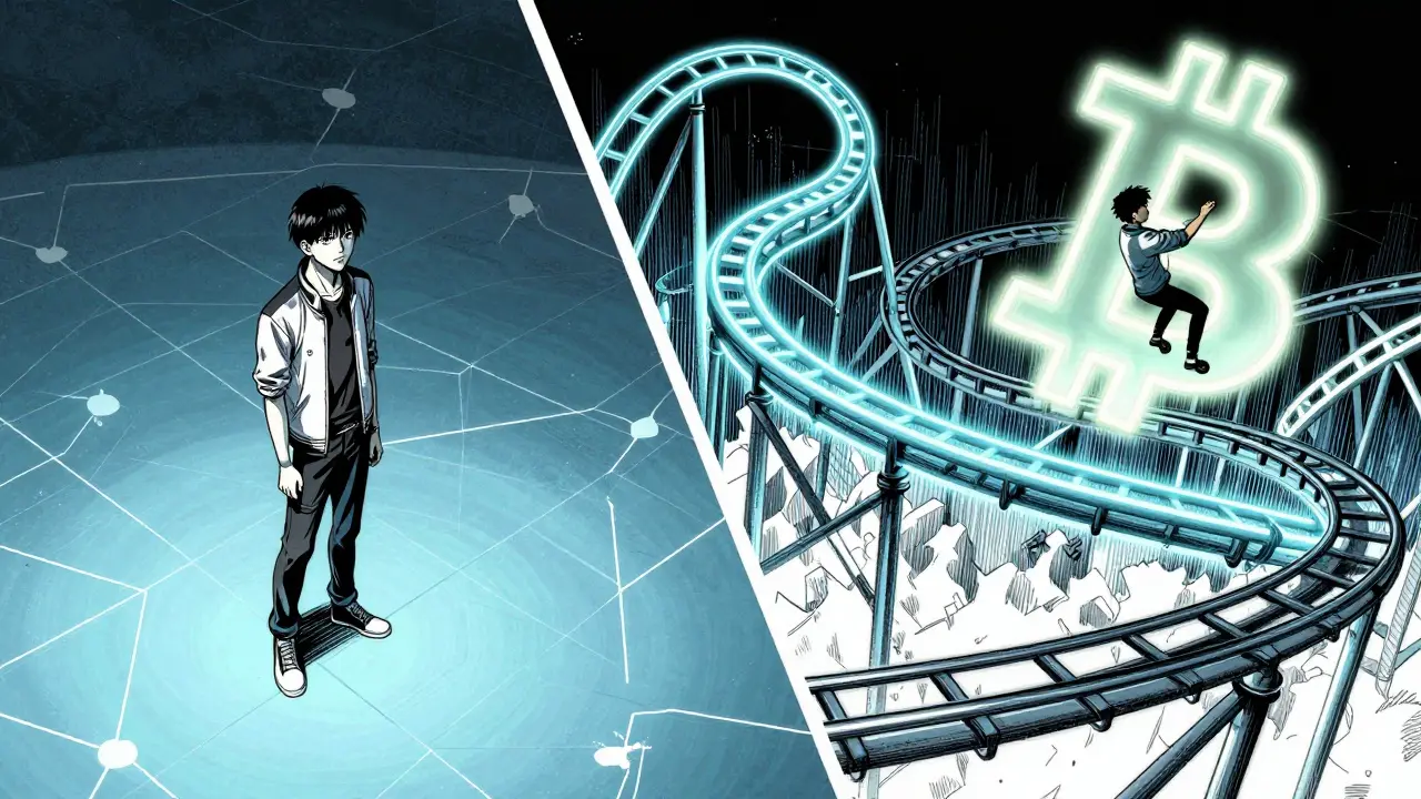 Manga illustration comparing a stable floor to a volatile neon rollercoaster.