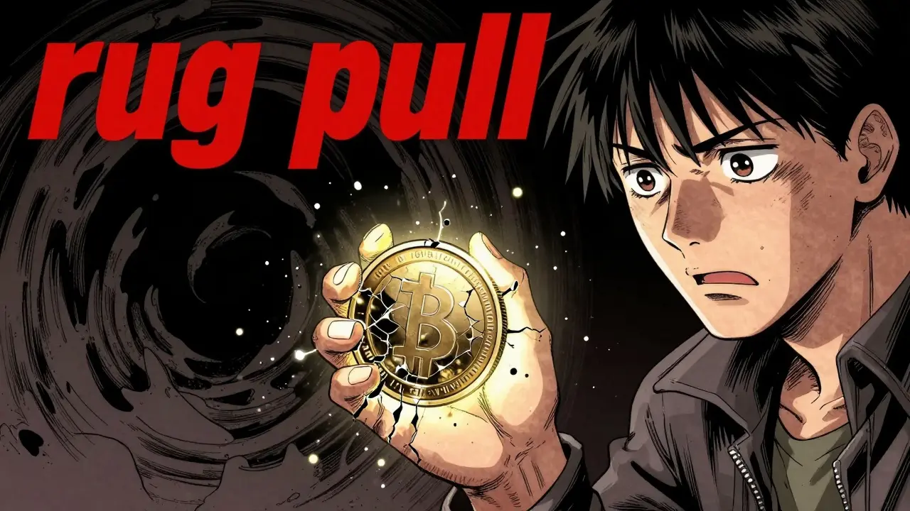 Manga illustration of a character holding a cracking, unstable digital coin