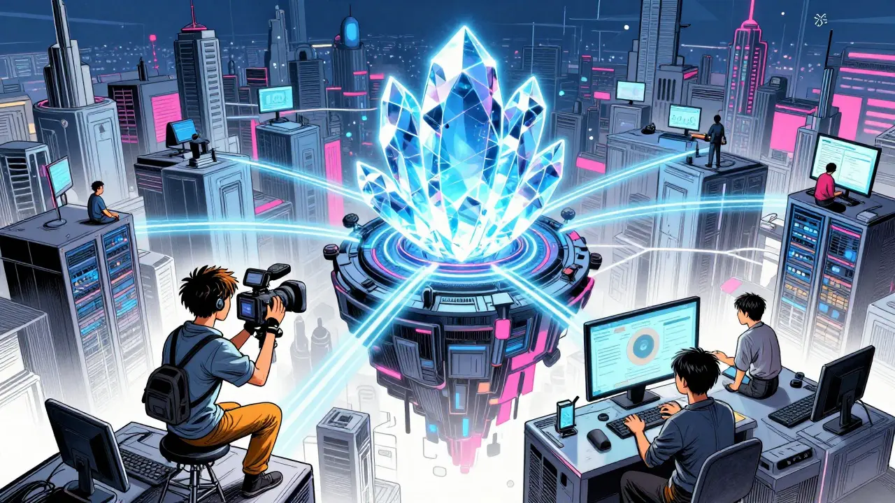 Manga illustration of a decentralized video network with interconnected users