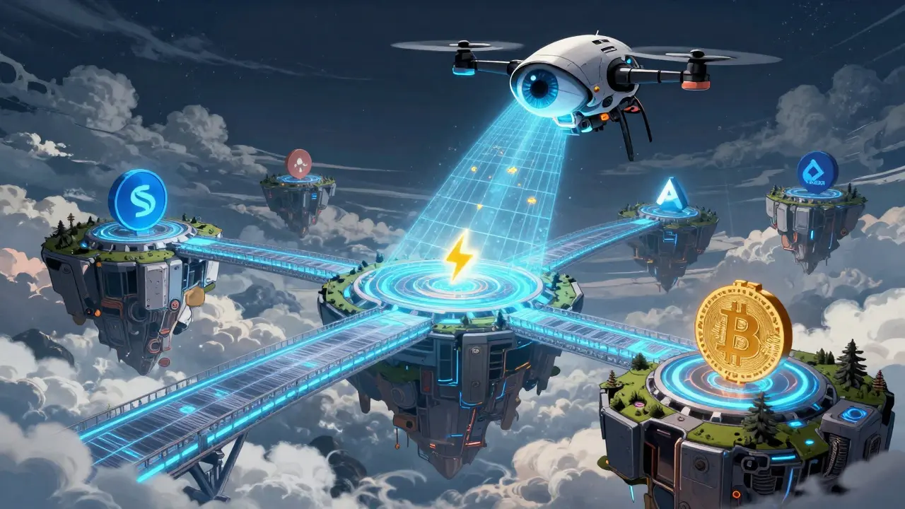 Manga illustration of a high-tech scanner monitoring transactions across multiple floating blockchain islands.