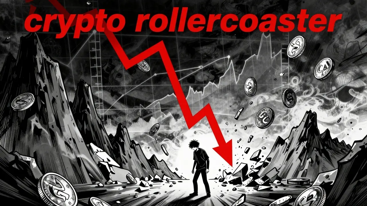 Manga illustration of a person facing a crashing digital price graph with dissolving coins.
