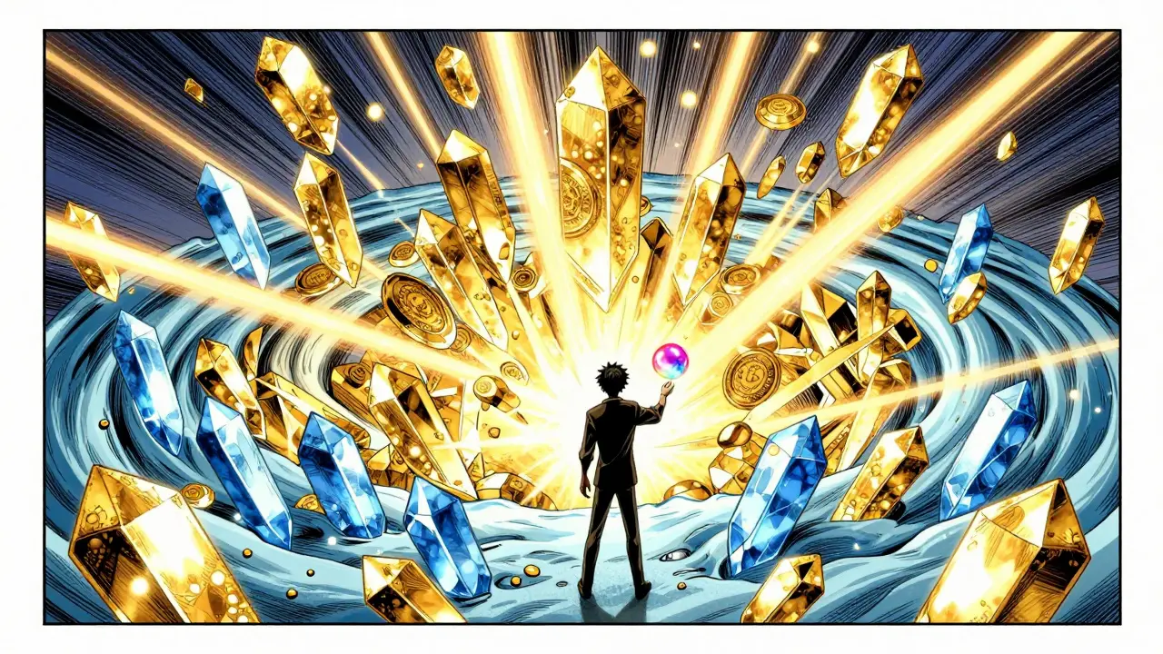 Manga illustration of a person swapping tokens from a swirling crystalline liquidity pool.