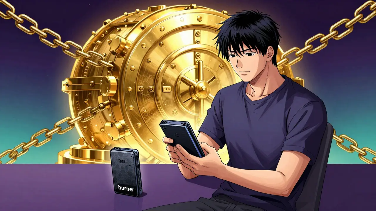 Manga illustration of a secure crypto setup with a hardware wallet and a locked digital vault