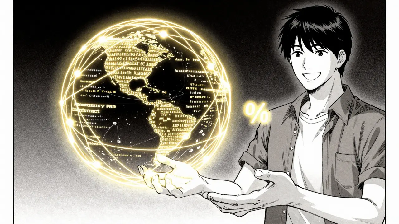 Manga illustration of a smart contract automatically sending royalties to an artist