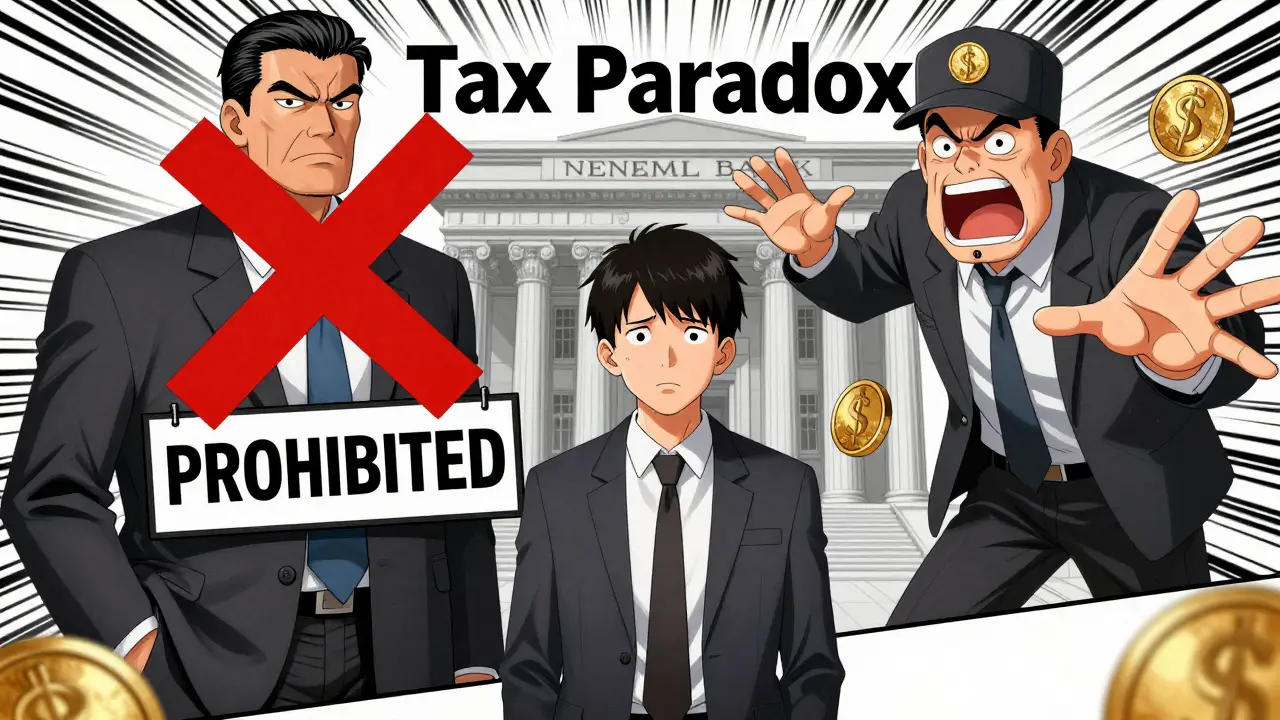 Manga illustration of a trader caught between a ban from the central bank and tax demands.