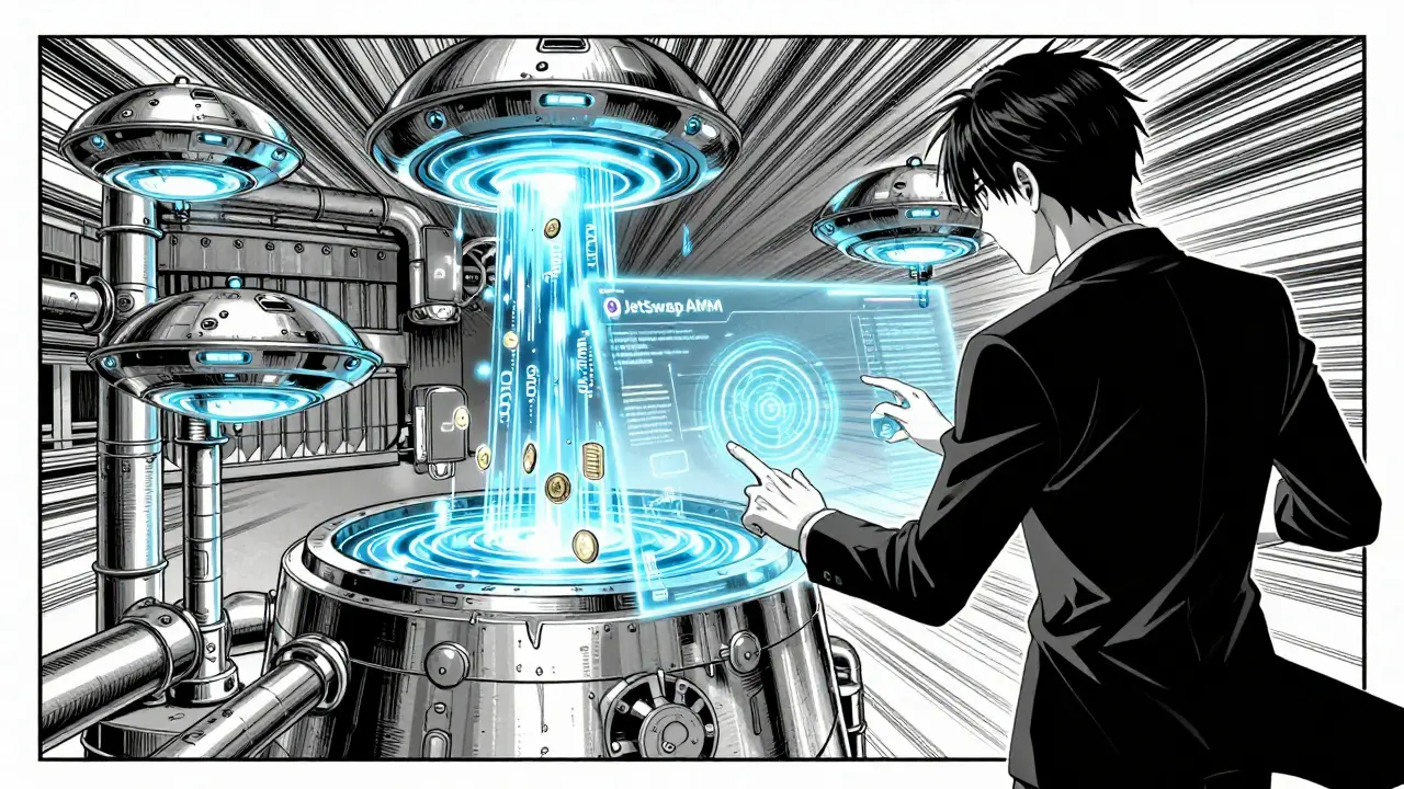 Manga illustration of a user interacting with JetSwap liquidity pools and digital token flows