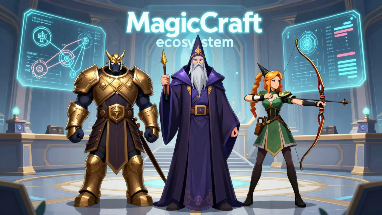 Manga illustration of three Genesis NFT characters in a futuristic DAO assembly hall.