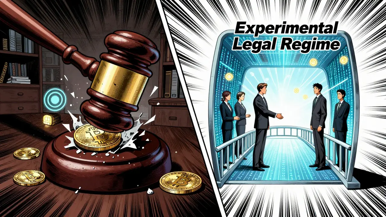 Manga illustration showing the contrast between domestic crypto bans and legal international trade.