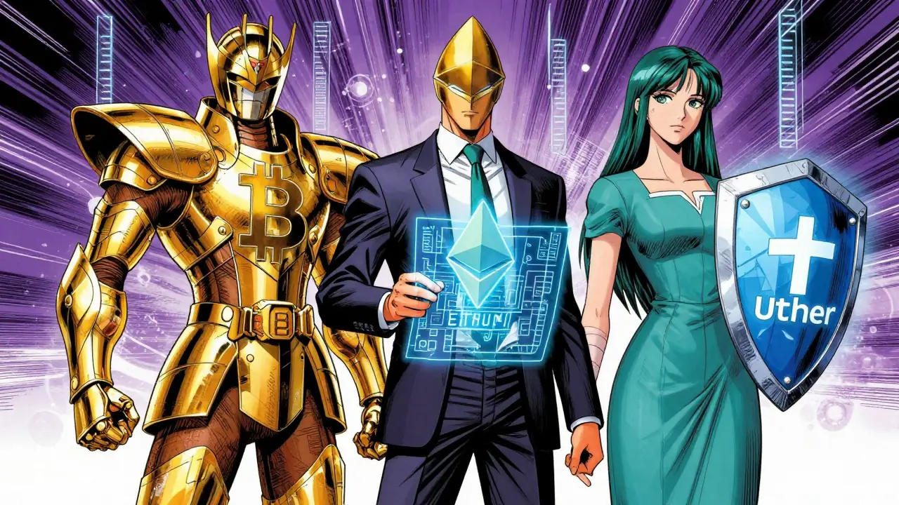 Manga personifications of Bitcoin, Ethereum, and Tether as powerful characters.