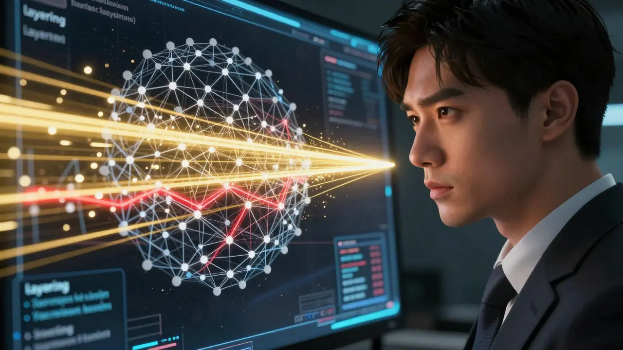 Manga scene of a compliance officer using AI to track suspicious transactions in a digital web.