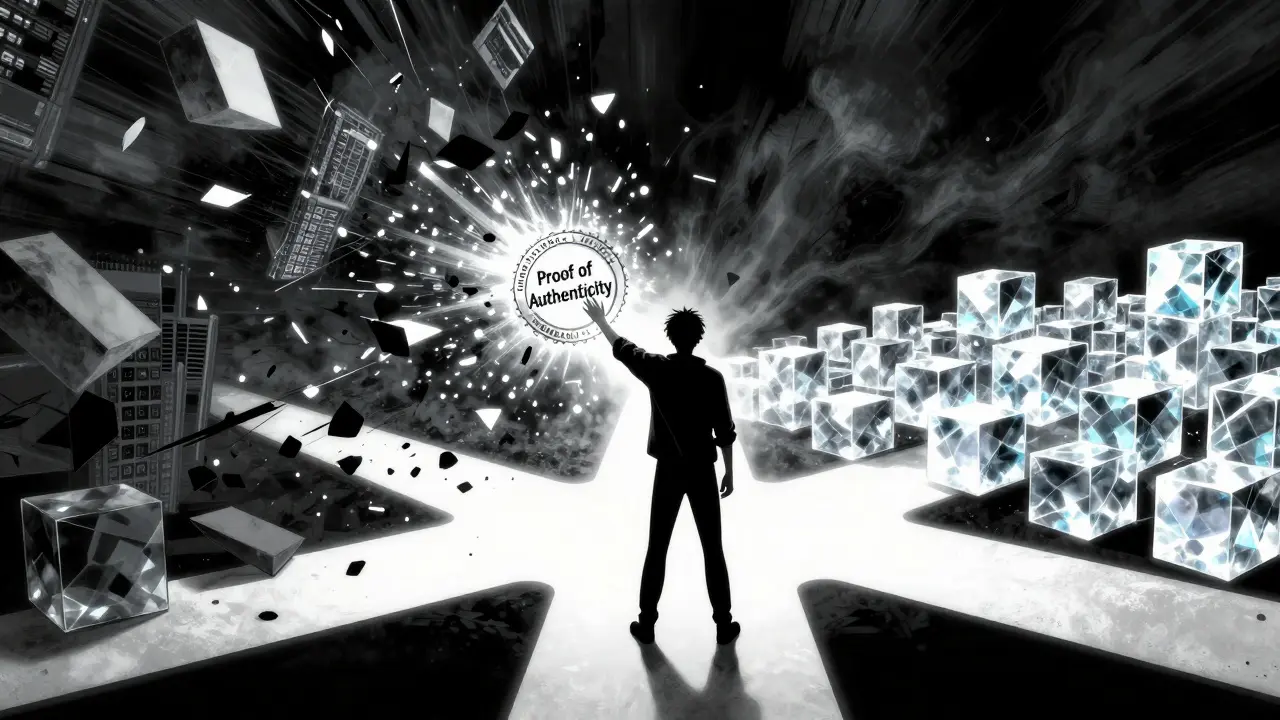 Manga scene of a creator using blockchain to prove authenticity against AI noise