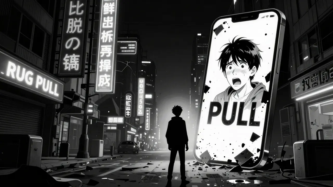 Manga scene of a devastated person standing before a broken holographic exchange sign
