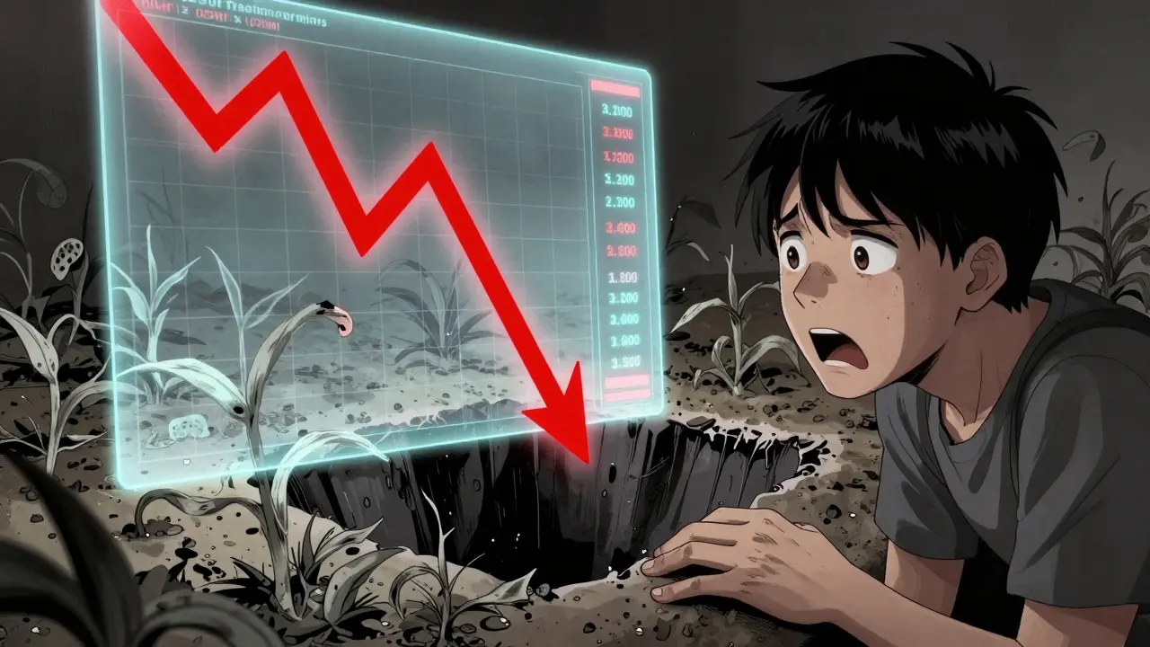 Manga scene of a distressed investor looking at a crashing token price graph with wilting plants.