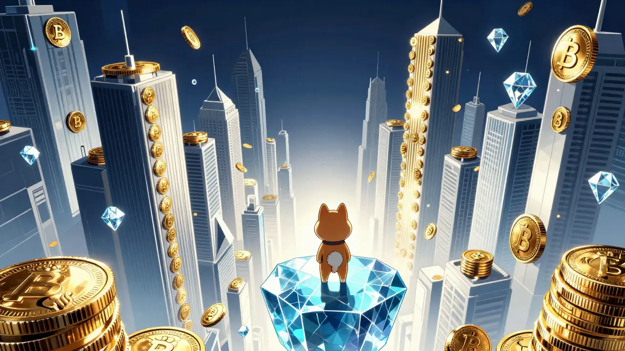 Manga scene of a small dog character facing giant gold coin skyscrapers
