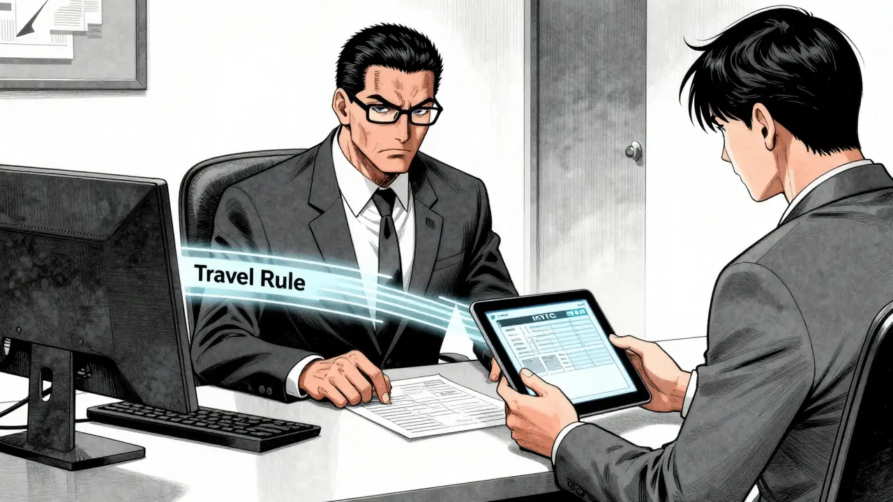 Manga scene of a strict bank manager reviewing a large pile of compliance documents with a client.