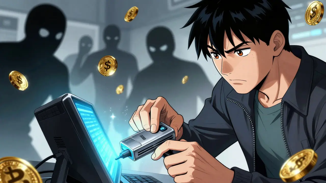 Manga scene of a trader using a hardware wallet to protect assets from shadowy digital scams
