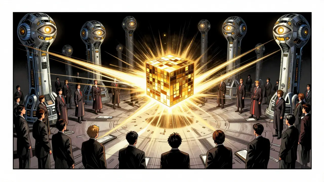 Manga scene of futuristic computer nodes validating a golden data block in a network.