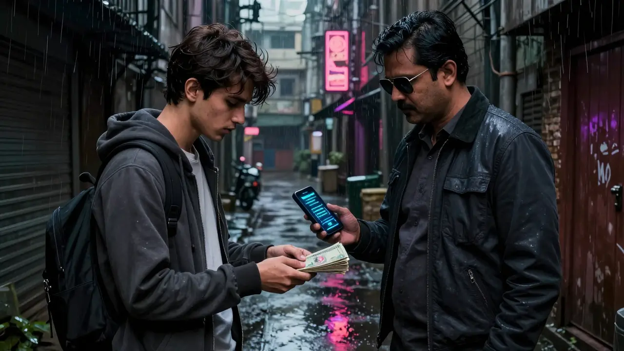 Manga scene of two people discreetly exchanging cash for cryptocurrency in a dark city alley.