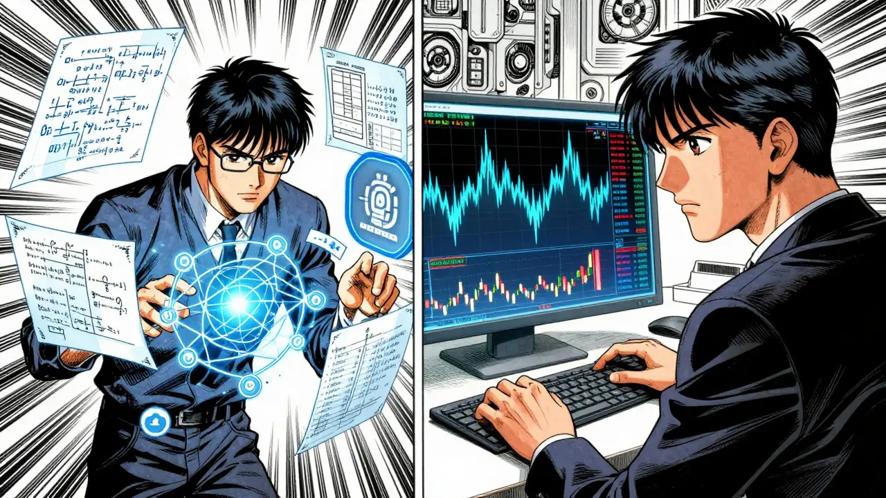 Manga split-screen showing a developer with smart contracts and a trader with AI signals