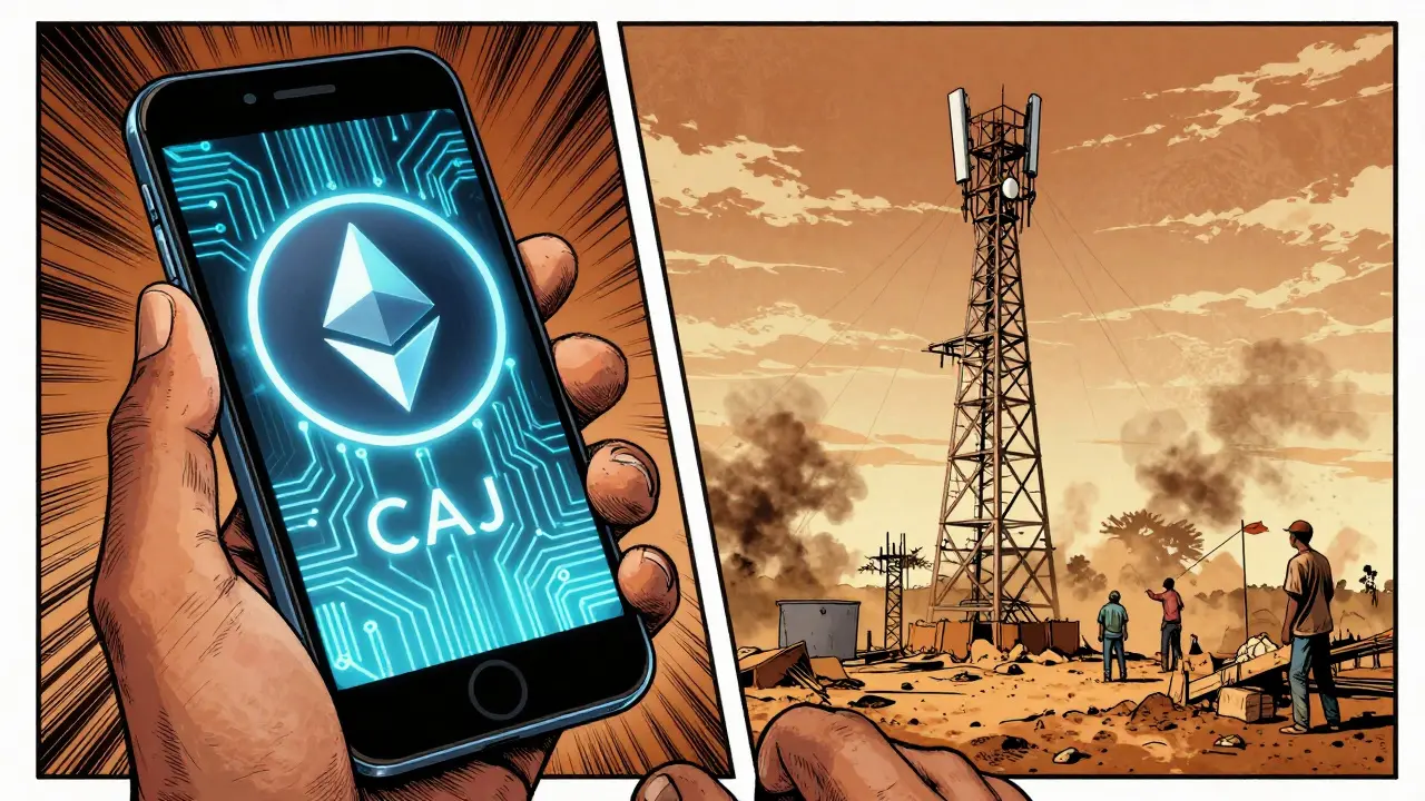 Manga split-screen showing a digital crypto token and the construction of a broadband tower.