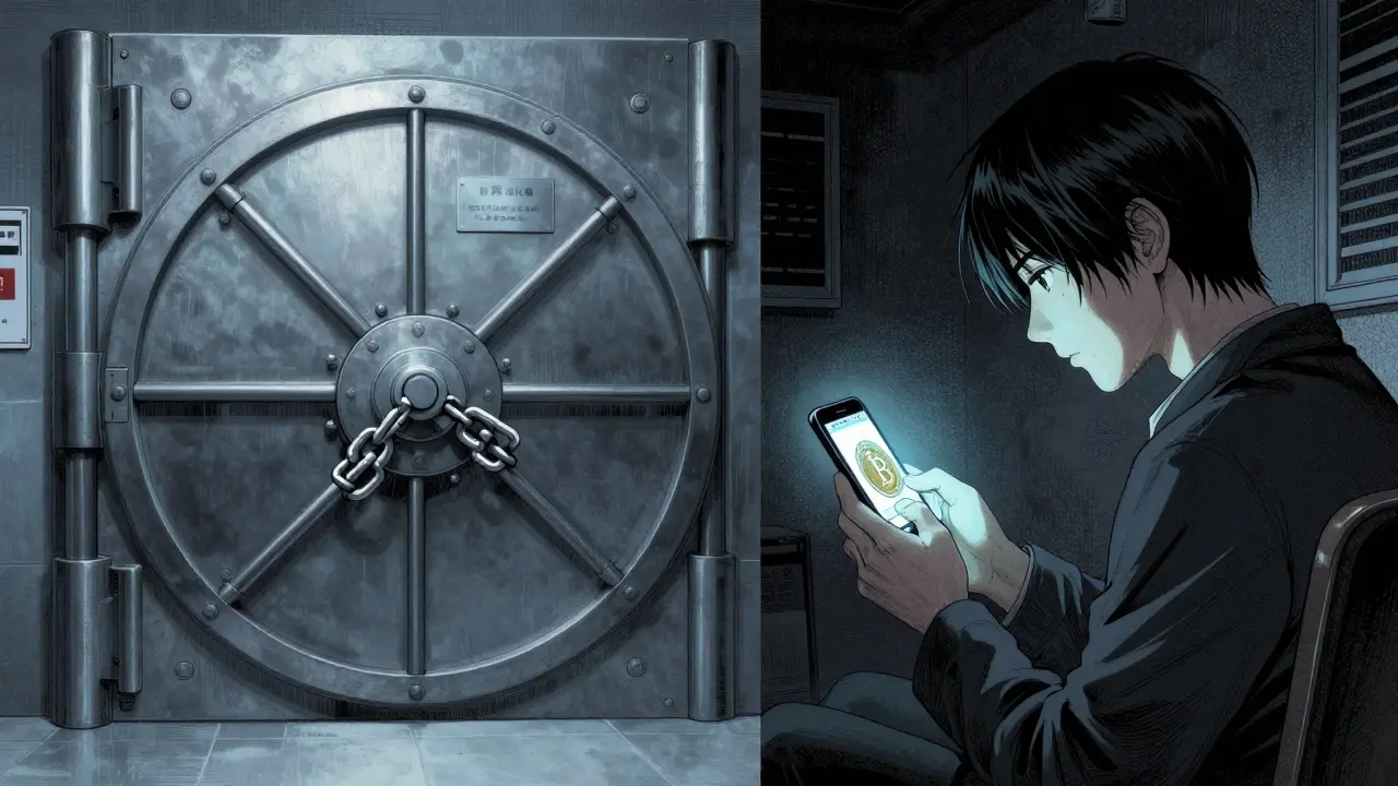 Manga split-screen showing a locked bank vault and an individual secretly using a crypto wallet on a phone.