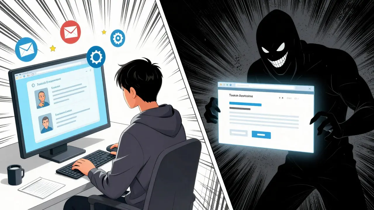 Manga split-screen showing a user completing airdrop tasks versus a shadowy scammer