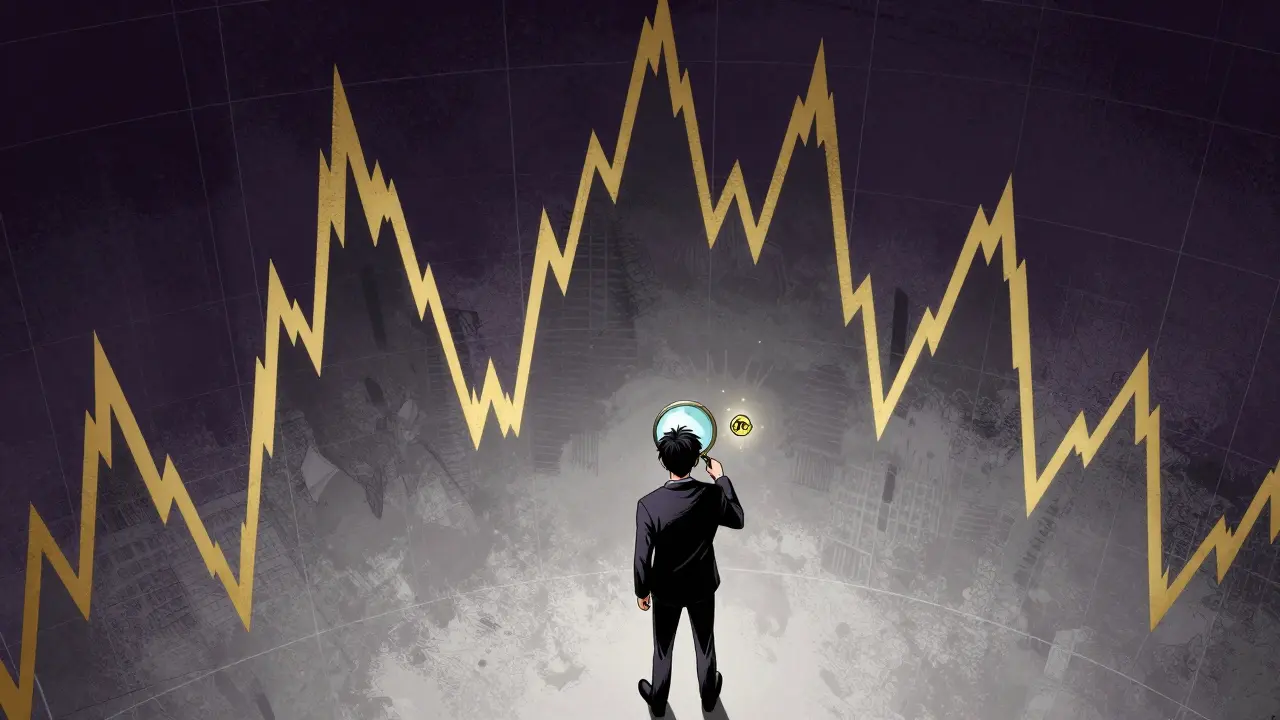 Manga style depiction of a cautious investor analyzing a volatile crypto graph
