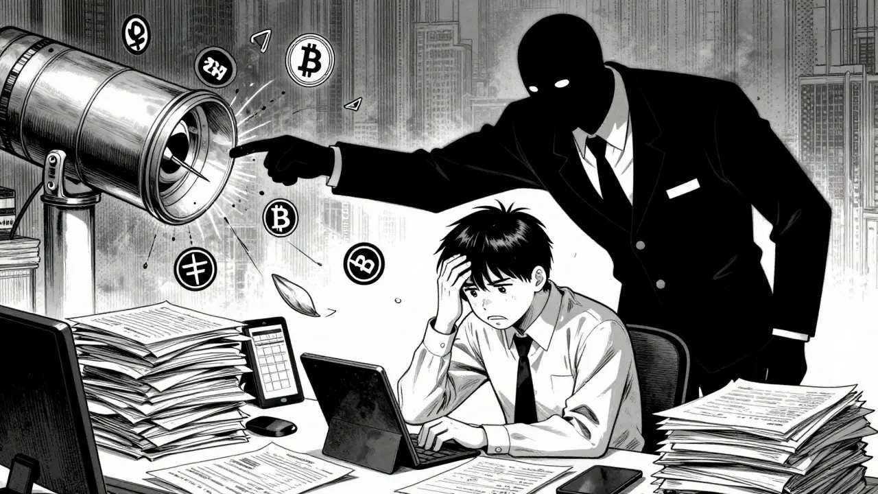 Manga style depiction of a person stressed by cryptocurrency tax reporting requirements.