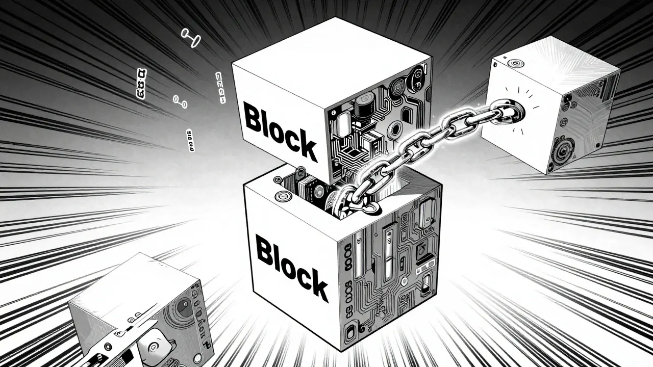 Manga style diagram of a disassembled blockchain block showing the header, body, and chain link.