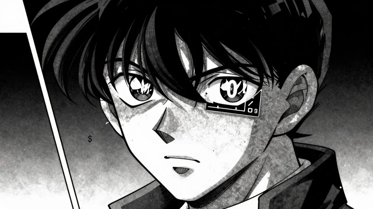 Skeptical anime character looking at a digital price chart showing zero value