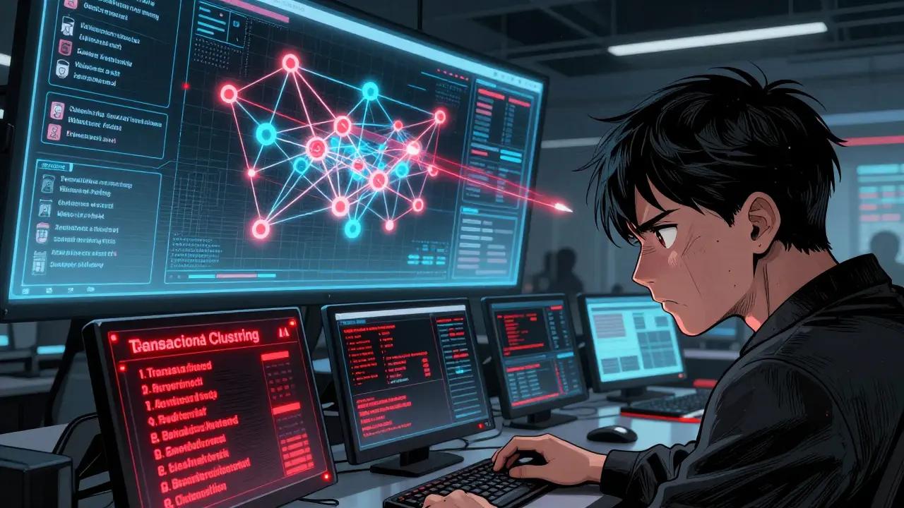 Analyst tracking crypto transactions via holographic network graphs in manga style